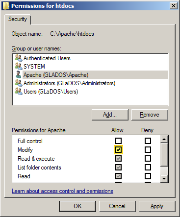 Apache htdocs folder permissions