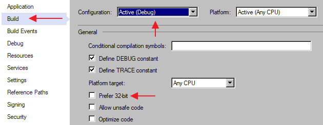 Location of the Prefer 32 bit checkbox